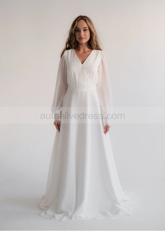 Long Sleeves Ivory Chiffon Lace Keyhole Back Wedding Dress